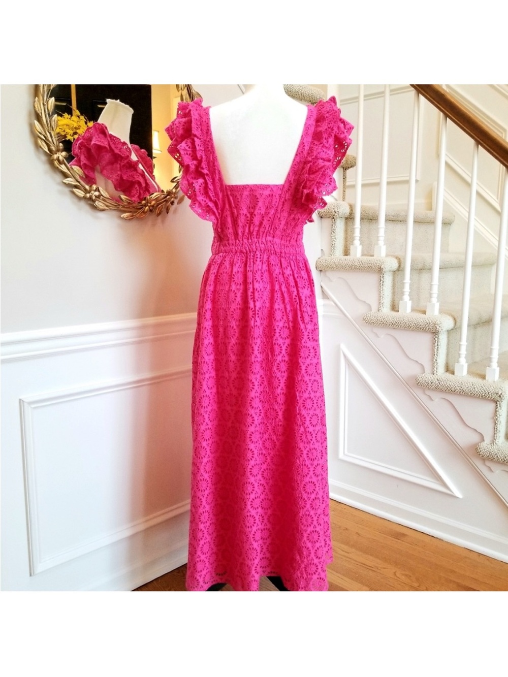 J. Crew Bright Pink Eyelet Maxi Dress with Ruffle Straps